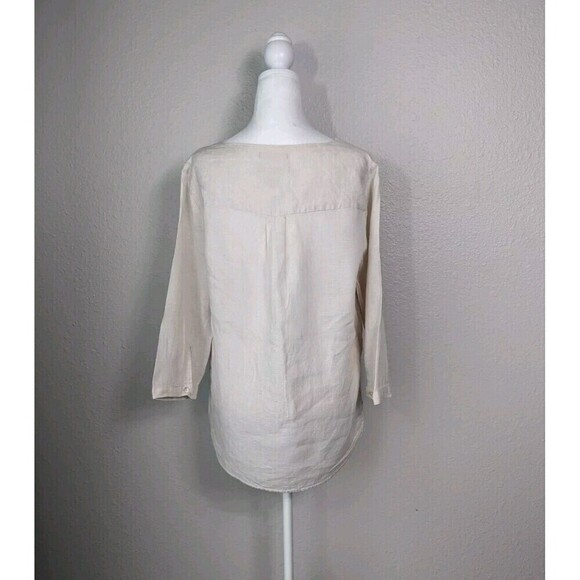 Tahari Linen Top Blouse Tunic Relaxed Fit Beige Tan Medium - Picture 3 of 7